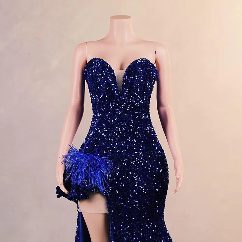 Sparkly Mermaid Sequin Dress Sexy High Split Prom Gowns Velvet Sweet Long Ball Dress Pageant Celebrity Evening Party