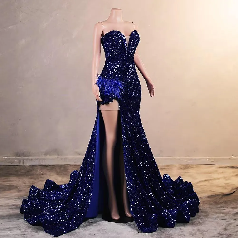 Sparkly Mermaid Sequin Dress Sexy High Split Prom Gowns Velvet Sweet Long Ball Dress Pageant Celebrity Evening Party