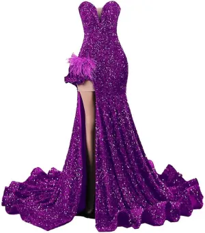 Sparkly Mermaid Sequin Dress Sexy High Split Prom Gowns Velvet Sweet Long Ball Dress Pageant Celebrity Evening Party