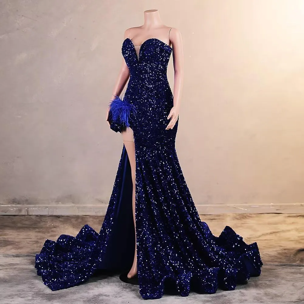 Sparkly Mermaid Sequin Dress Sexy High Split Prom Gowns Velvet Sweet Long Ball Dress Pageant Celebrity Evening Party