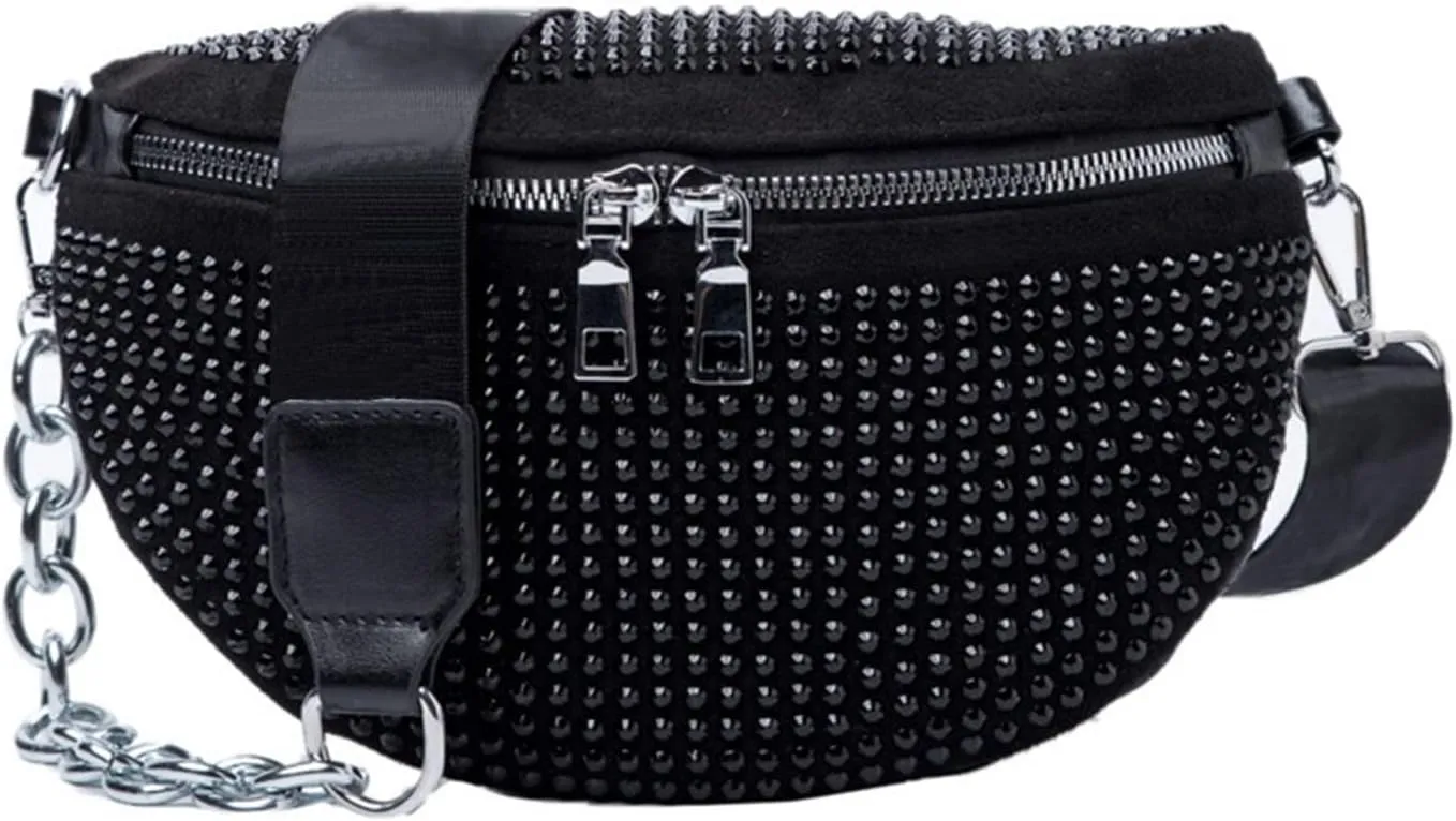 Sparkly Rhinestone Fanny Pack Belt Bags Crossbody Bag Waist Pouch Crossbody Purse Rhinestone for Women Club Party Beach Travel (Black)