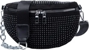 Sparkly Rhinestone Fanny Pack Belt Bags Crossbody Bag Waist Pouch Crossbody Purse Rhinestone for Women Club Party Beach Travel (Black)