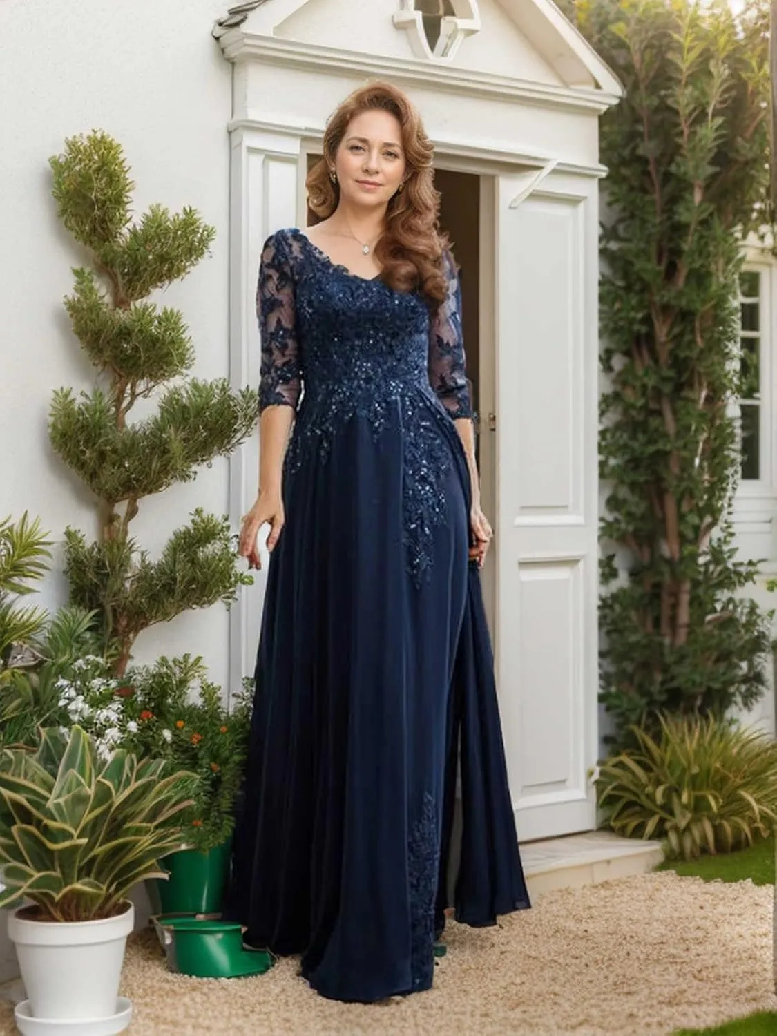 Sparkly Sequin Lace Mother of The Bride Dresses for Wedding 3/4 Sleeve Chiffon Long Prom Formal Evening Gown