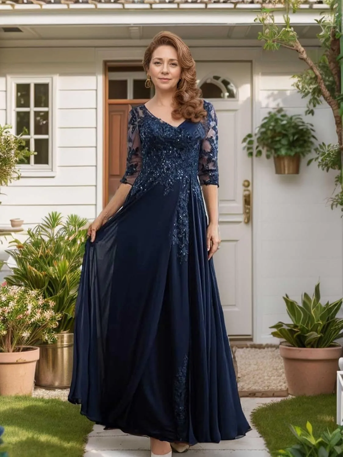 Sparkly Sequin Lace Mother of The Bride Dresses for Wedding 3/4 Sleeve Chiffon Long Prom Formal Evening Gown