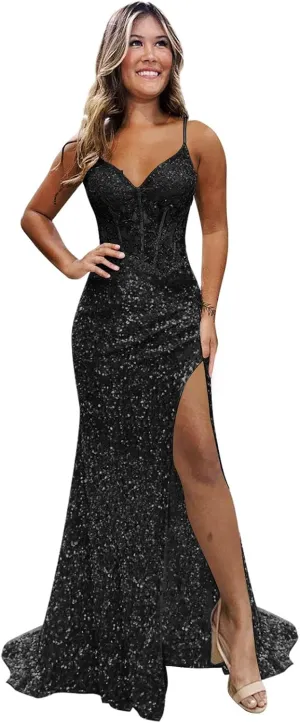 Sparkly Sequins Prom Dresses Long Mermaid Evening Dress with Slit Lace Appliques Corset Evening Formal Gown