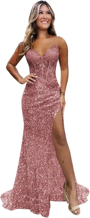 Sparkly Sequins Prom Dresses Long Mermaid Evening Dress with Slit Lace Appliques Corset Evening Formal Gown