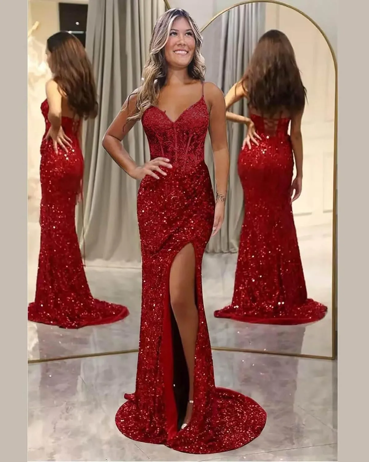 Sparkly Sequins Prom Dresses Long Mermaid Evening Dress with Slit Lace Appliques Corset Evening Formal Gown