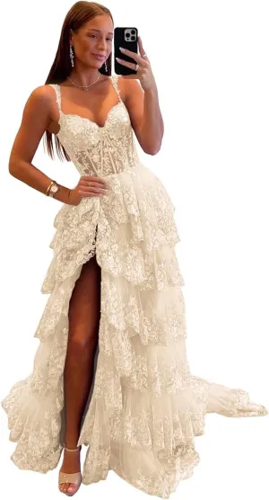 Sparkly Tiered Lace Tulle Prom Dresses Long Spaghetti Straps Formal Evening Party Gown
