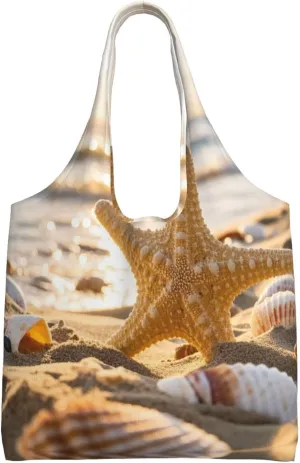 Starfish Seashell Sandy Beach Theme Print Ladies' Single Shoulder Canvas Handbag,Sturdy Cotton Handbag With Patterned Shoulder Bag