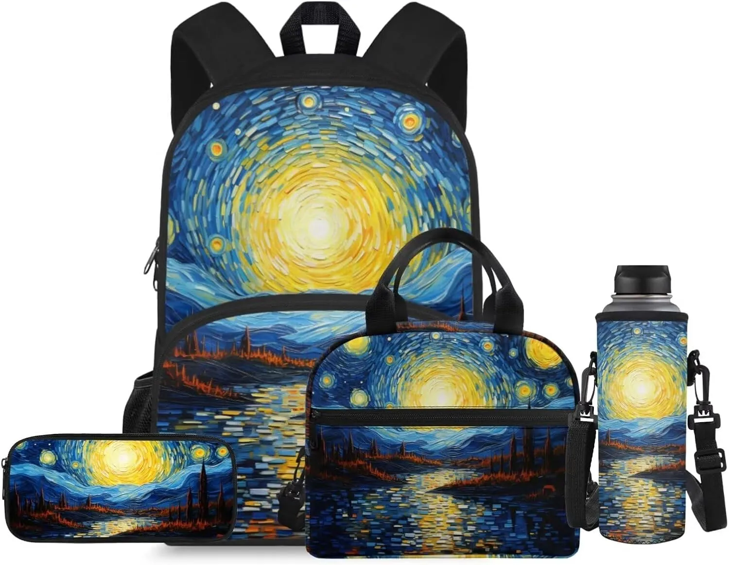 Starry Night Girl Backpacks Ages 8-12 with Lunch Box Fashion Book Bags for Girl with Lunch Bag Water-Resistant Lunch Bag Ice Pack Reusable for Primary School