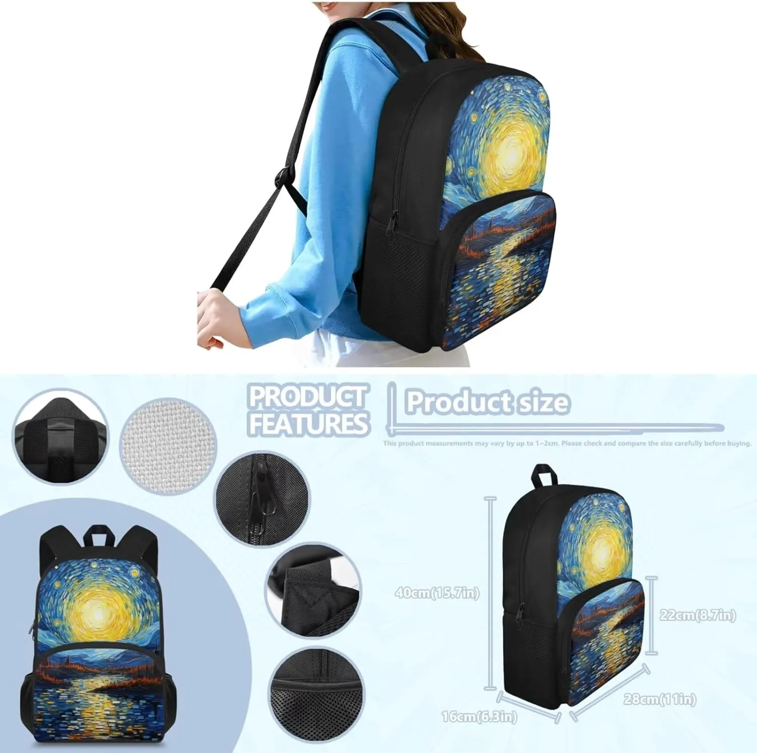 Starry Night Girl Backpacks Ages 8-12 with Lunch Box Fashion Book Bags for Girl with Lunch Bag Water-Resistant Lunch Bag Ice Pack Reusable for Primary School