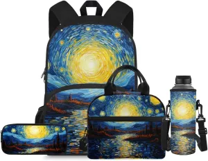 Starry Night Girl Backpacks Ages 8-12 with Lunch Box Fashion Book Bags for Girl with Lunch Bag Water-Resistant Lunch Bag Ice Pack Reusable for Primary School