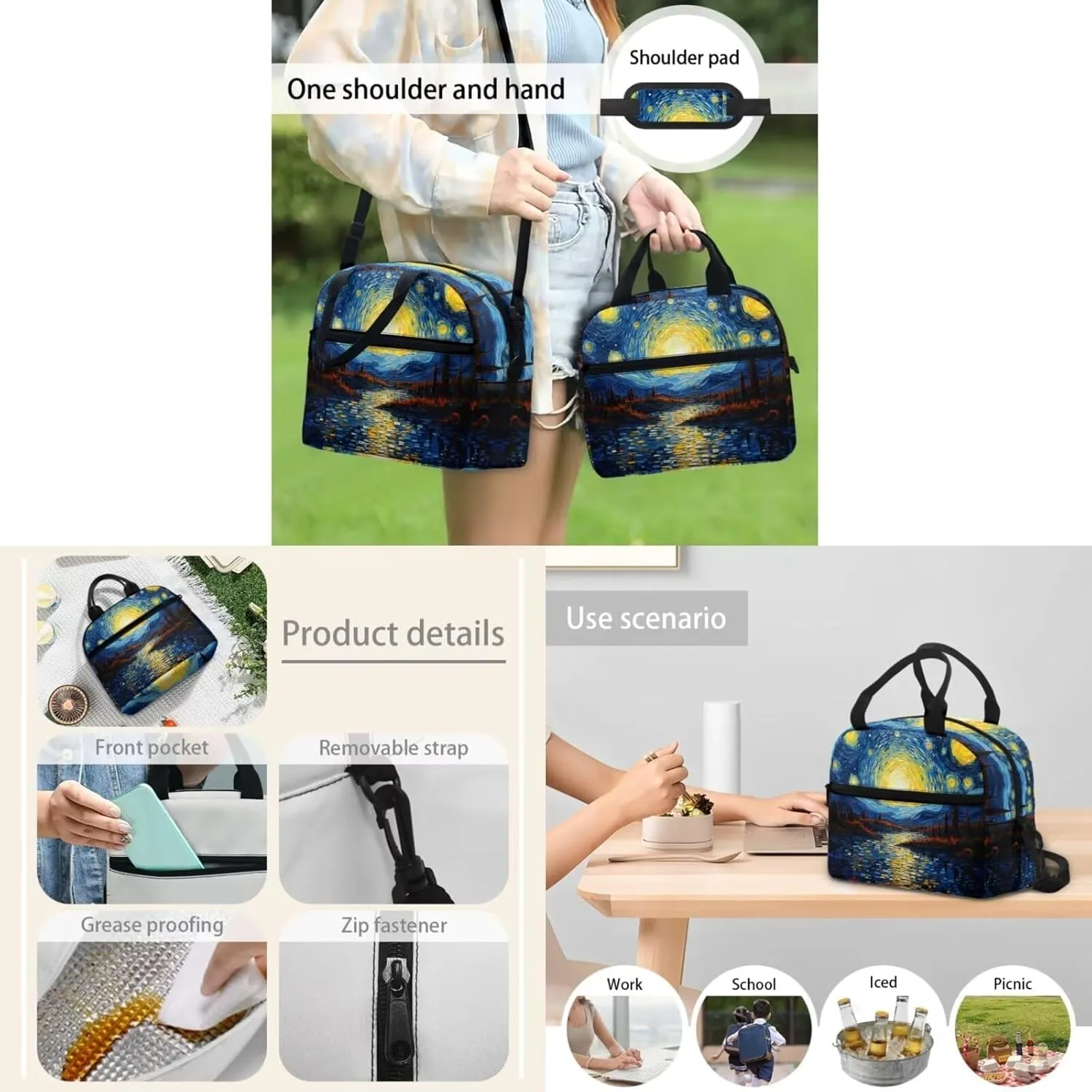 Starry Night Girl Backpacks Ages 8-12 with Lunch Box Fashion Book Bags for Girl with Lunch Bag Water-Resistant Lunch Bag Ice Pack Reusable for Primary School