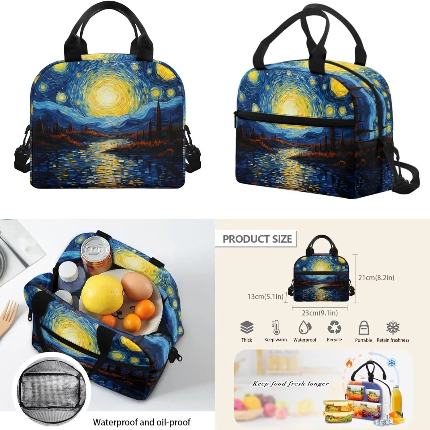 Starry Night Girl Backpacks Ages 8-12 with Lunch Box Fashion Book Bags for Girl with Lunch Bag Water-Resistant Lunch Bag Ice Pack Reusable for Primary School