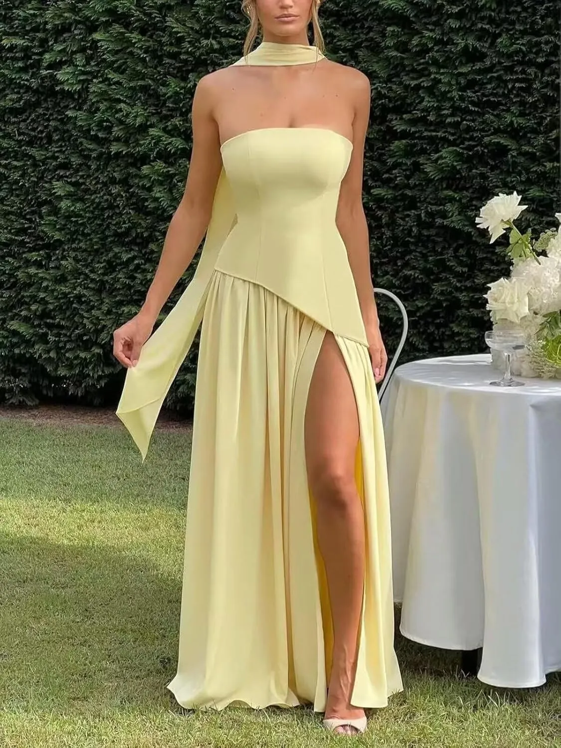 Strapless Chiffon Bridesmaid Dresses with Slit for Wedding 2025 A Line Pleated Formal Evening Gowns with Scarf