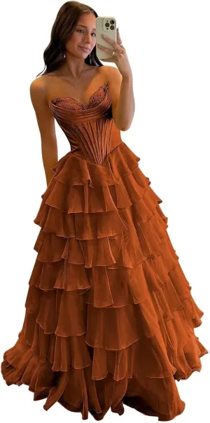 Strapless Corset Prom Dresses for Women 2025 Long Tiered Ruffle Chiffon Formal Evening Gowns with Slit