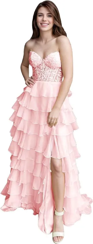 Strapless Corset Prom Dresses for Women Long Tiered Ruffle Formal Evening Gowns with Slit