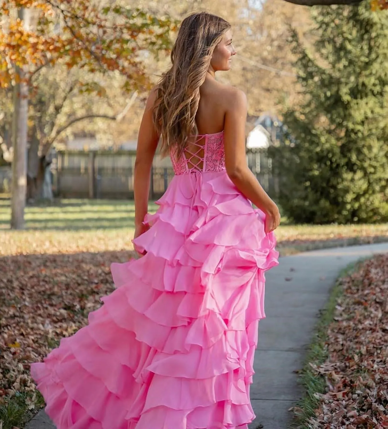 Strapless Corset Prom Dresses for Women Long Tiered Ruffle Formal Evening Gowns with Slit