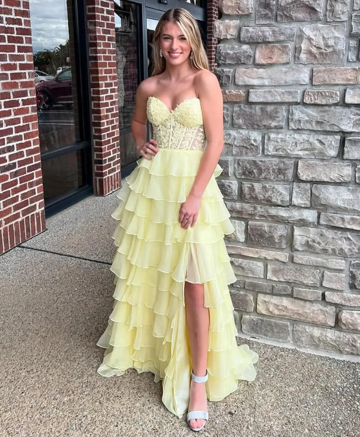 Strapless Corset Prom Dresses for Women Long Tiered Ruffle Formal Evening Gowns with Slit