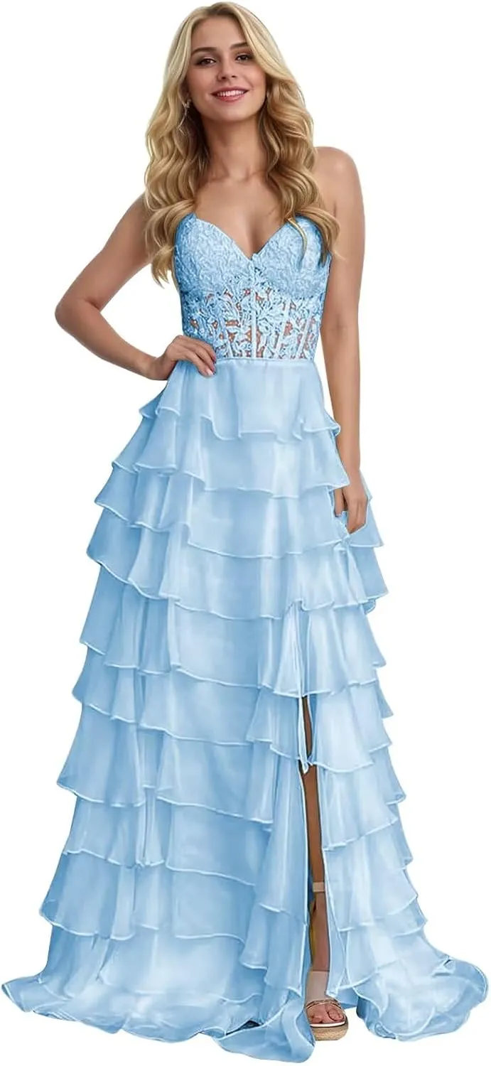Strapless Corset Prom Dresses for Women Long Tiered Ruffle Formal Evening Gowns with Slit