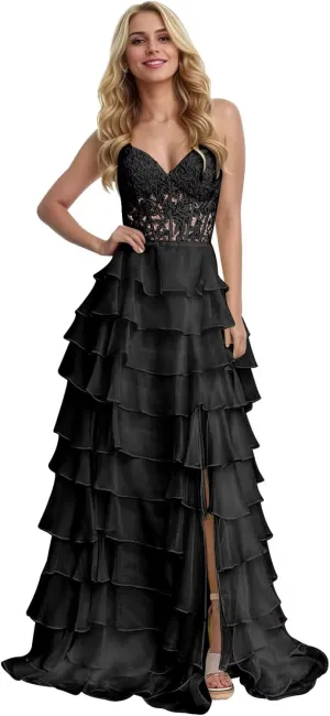 Strapless Corset Prom Dresses for Women Long Tiered Ruffle Formal Evening Gowns with Slit