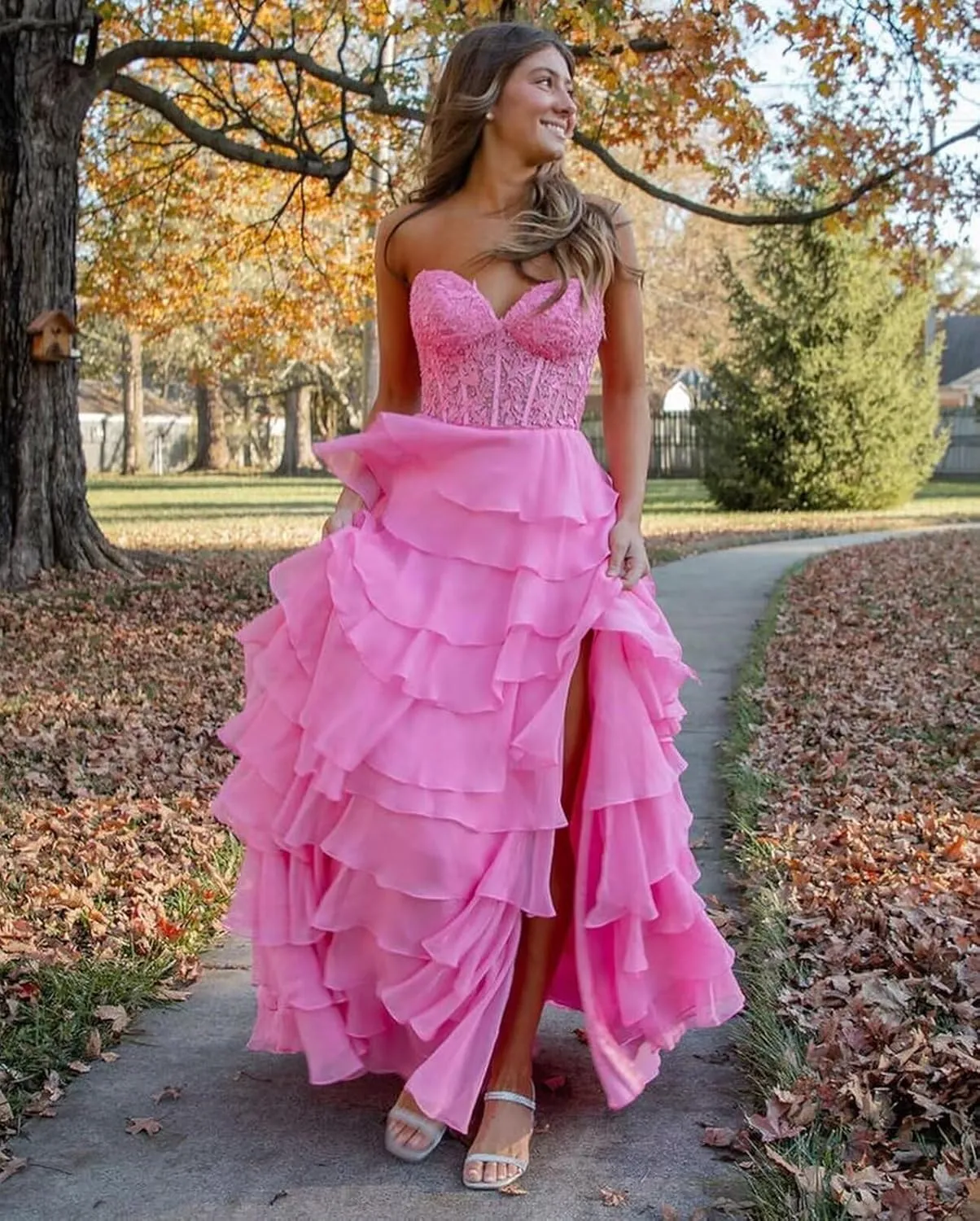 Strapless Corset Prom Dresses for Women Long Tiered Ruffle Formal Evening Gowns with Slit
