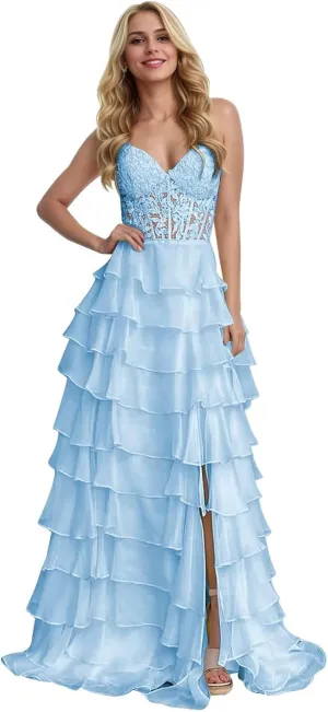Strapless Corset Prom Dresses for Women Long Tiered Ruffle Formal Evening Gowns with Slit