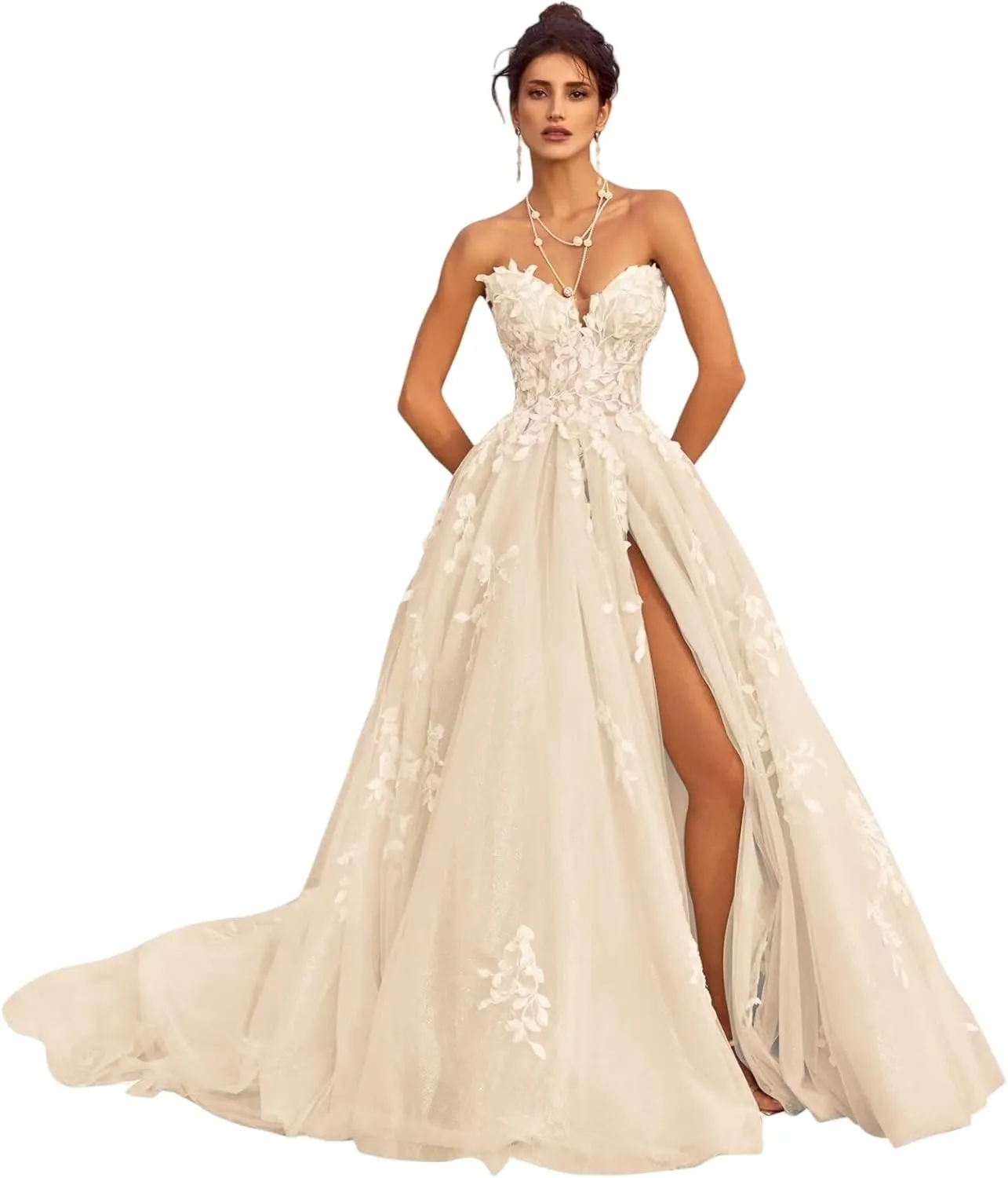 Strapless Lace Applique Wedding Dresses for Bride Long Beach Boho A Line Slit Tulle Bride Gowns