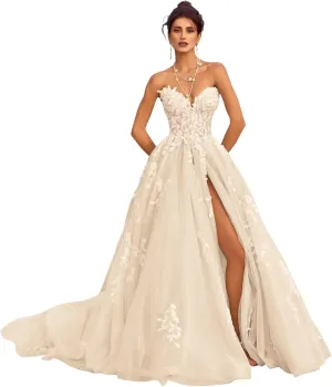 Strapless Lace Applique Wedding Dresses for Bride Long Beach Boho A Line Slit Tulle Bride Gowns