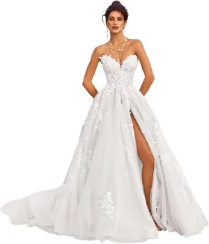 Strapless Lace Applique Wedding Dresses for Bride Long Beach Boho A Line Slit Tulle Bride Gowns