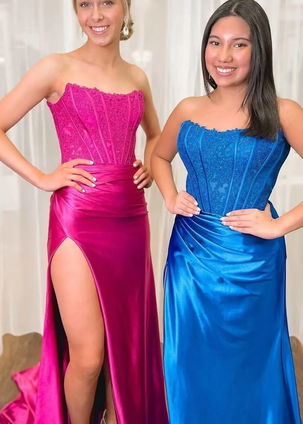 Strapless Prom Dresses 2025 Long Lace Applique Satin Mermaid Corset Side Slit Formal Evening Party Gowns for Women