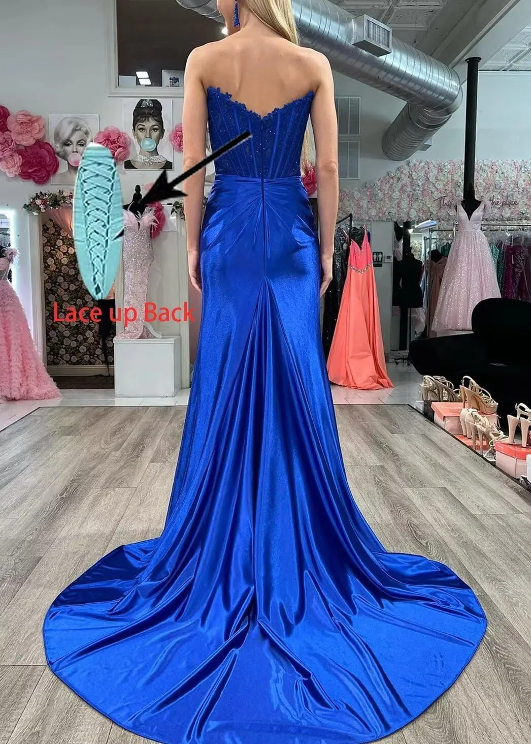 Strapless Prom Dresses 2025 Long Lace Applique Satin Mermaid Corset Side Slit Formal Evening Party Gowns for Women