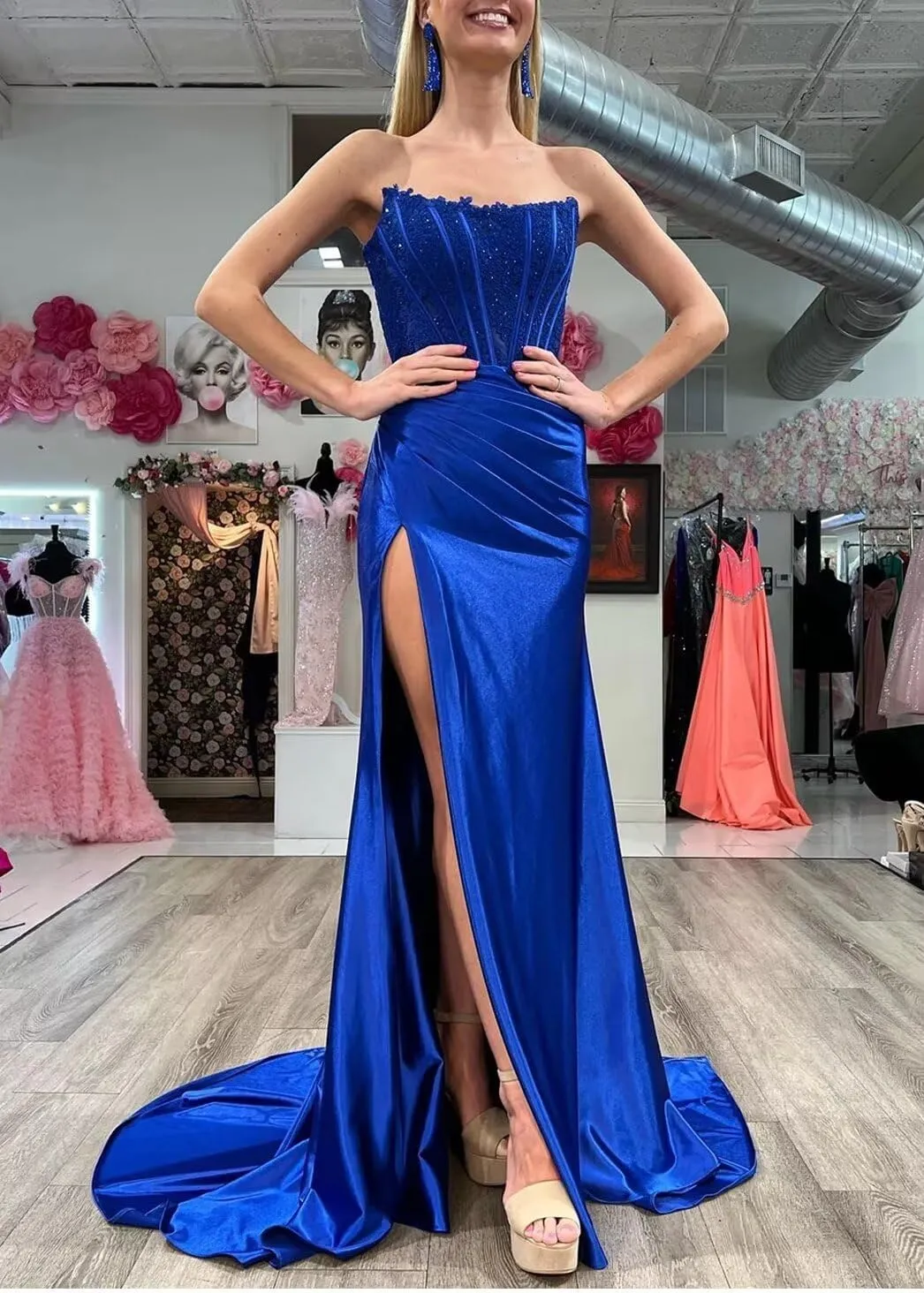 Strapless Prom Dresses 2025 Long Lace Applique Satin Mermaid Corset Side Slit Formal Evening Party Gowns for Women