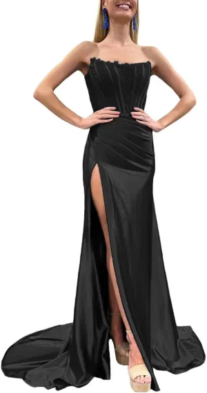 Strapless Prom Dresses 2025 Long Lace Applique Satin Mermaid Corset Side Slit Formal Evening Party Gowns for Women