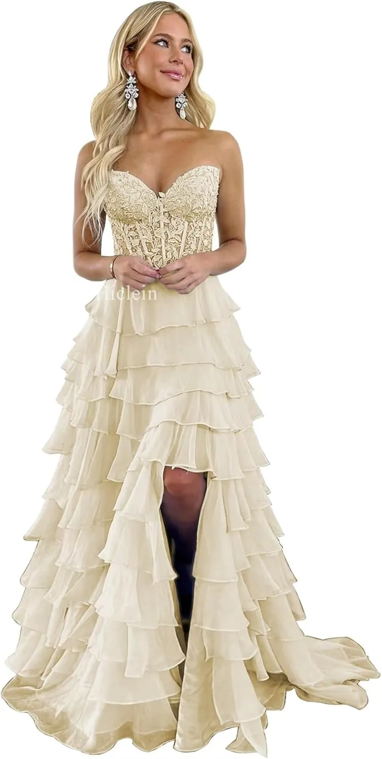 Strapless Tiered Lace Prom Dresses for Women 2024 Long Sweetheart Chiffon Corset Formal Evening Dress with Slit