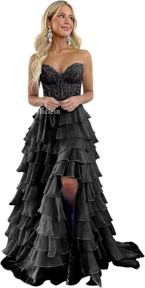 Strapless Tiered Lace Prom Dresses for Women 2024 Long Sweetheart Chiffon Corset Formal Evening Dress with Slit
