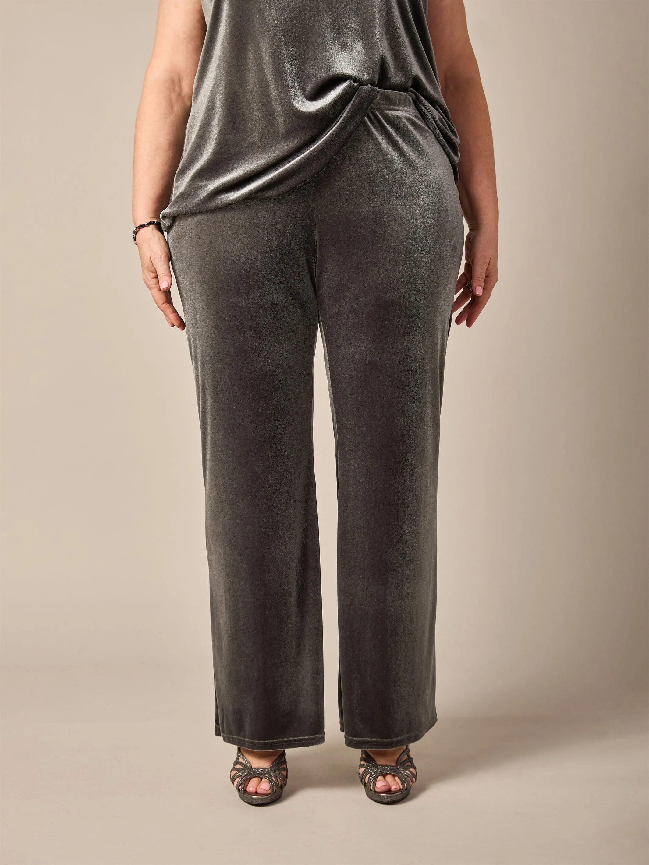 Stretch Velvet Pull On Evening Pant - Pewter Grey