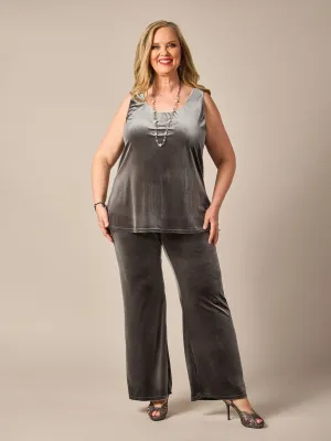 Stretch Velvet Pull On Evening Pant - Pewter Grey