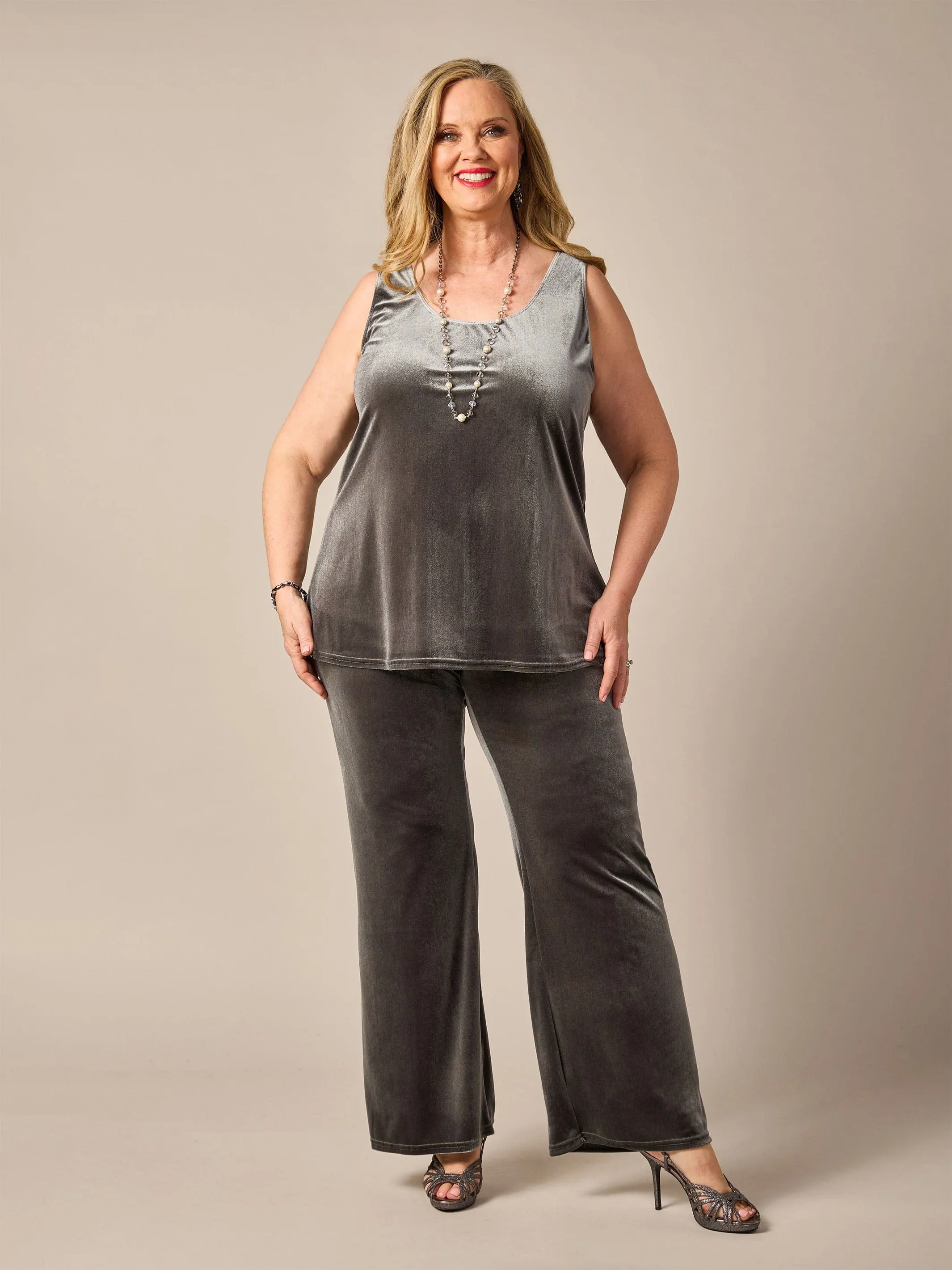 Stretch Velvet Pull On Evening Pant - Pewter Grey