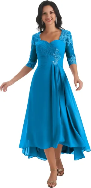 Sukleet Women's Tea Length Mother of The Bride Dresses for Wedding Short Sleeves Lace Applique Formal Evening Prom Gowns