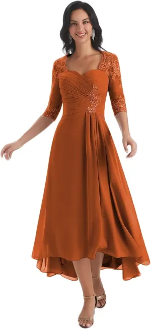 Sukleet Women's Tea Length Mother of The Bride Dresses for Wedding Short Sleeves Lace Applique Formal Evening Prom Gowns