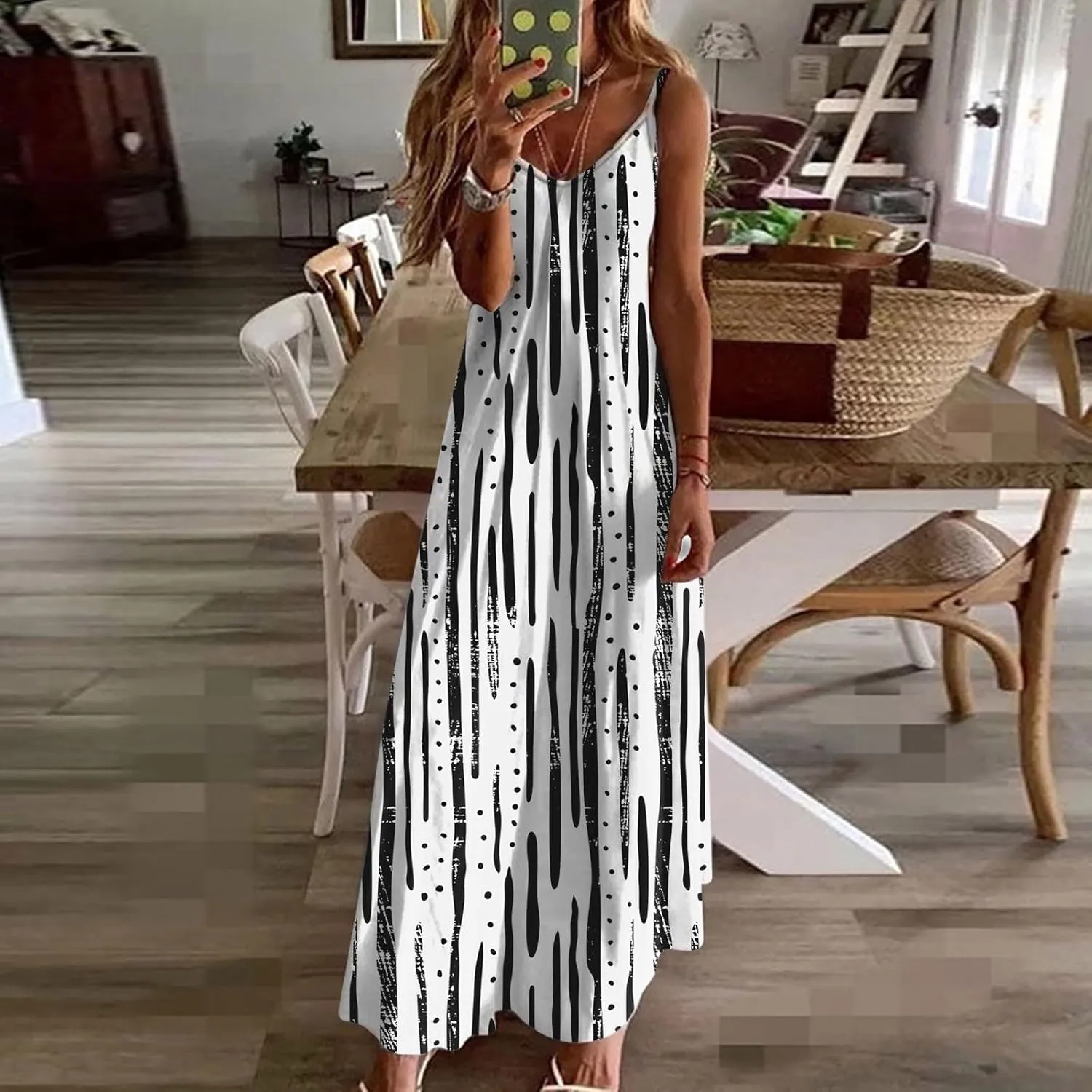 Summer Casual Dresses for Women Floral Vintage Summer Sleeveless Spaghetti Strap Dress Maxi V-Neck Casual Dresses