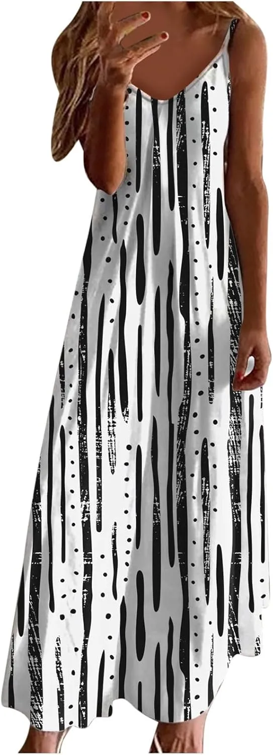 Summer Casual Dresses for Women Floral Vintage Summer Sleeveless Spaghetti Strap Dress Maxi V-Neck Casual Dresses