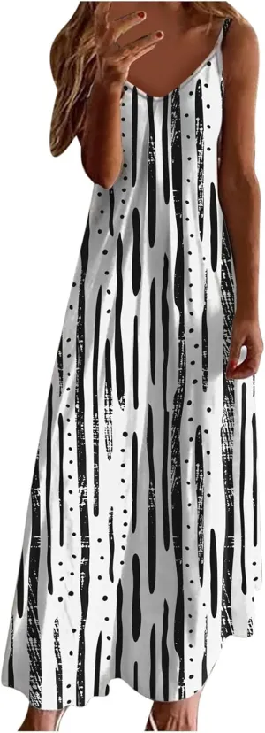 Summer Casual Dresses for Women Floral Vintage Summer Sleeveless Spaghetti Strap Dress Maxi V-Neck Casual Dresses