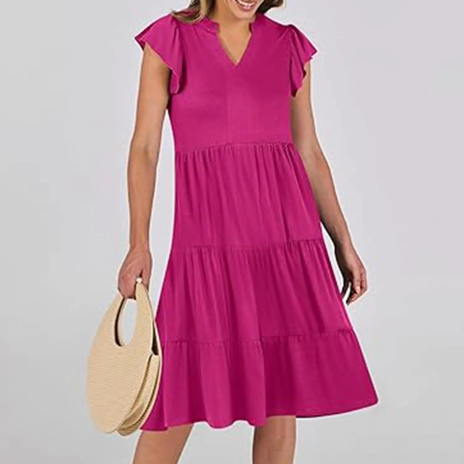 Summer Flowy Dresses for Women 2025 V Neck Ruffle Sleeve Casual Midi Dress Tiered Boho Beach Sundresses with Pockets