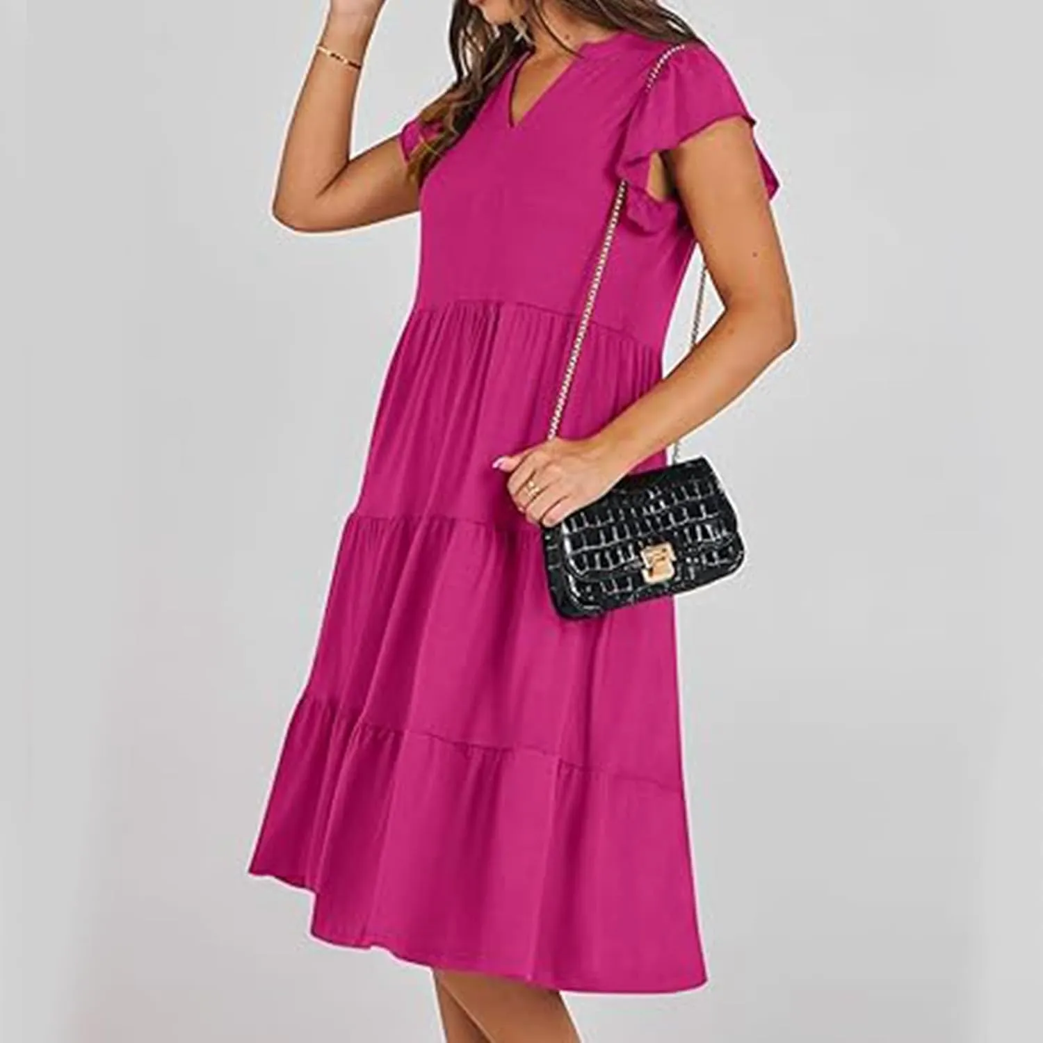 Summer Flowy Dresses for Women 2025 V Neck Ruffle Sleeve Casual Midi Dress Tiered Boho Beach Sundresses with Pockets