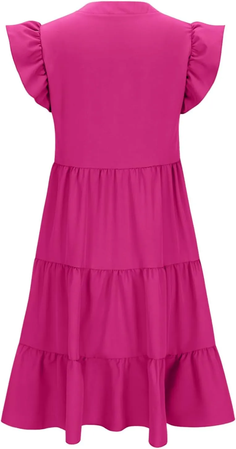 Summer Flowy Dresses for Women 2025 V Neck Ruffle Sleeve Casual Midi Dress Tiered Boho Beach Sundresses with Pockets