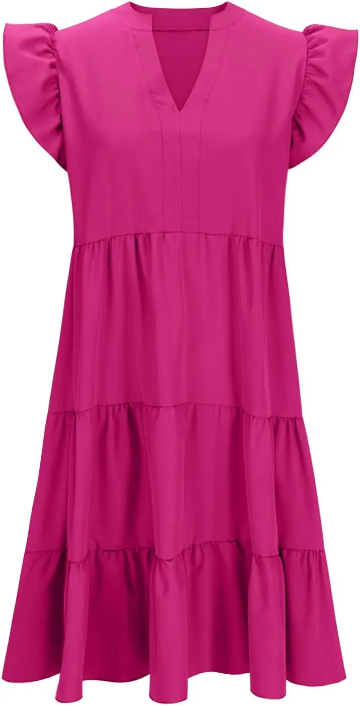 Summer Flowy Dresses for Women 2025 V Neck Ruffle Sleeve Casual Midi Dress Tiered Boho Beach Sundresses with Pockets