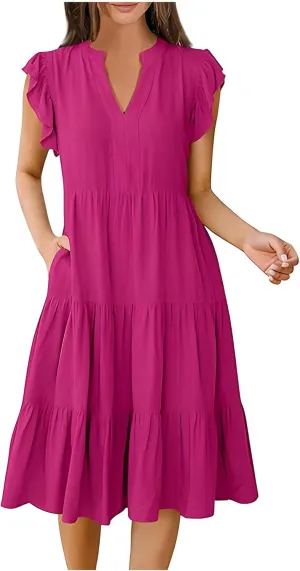 Summer Flowy Dresses for Women 2025 V Neck Ruffle Sleeve Casual Midi Dress Tiered Boho Beach Sundresses with Pockets