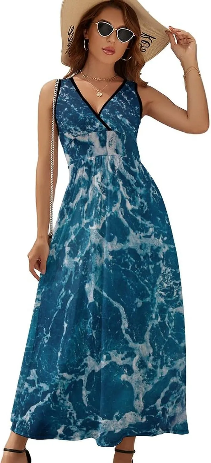 Sundresses for Women Summer Long Dress Sexy V Neck Casual Dress Beach Maxi Dress Flowy Loose Sleeveless Dress